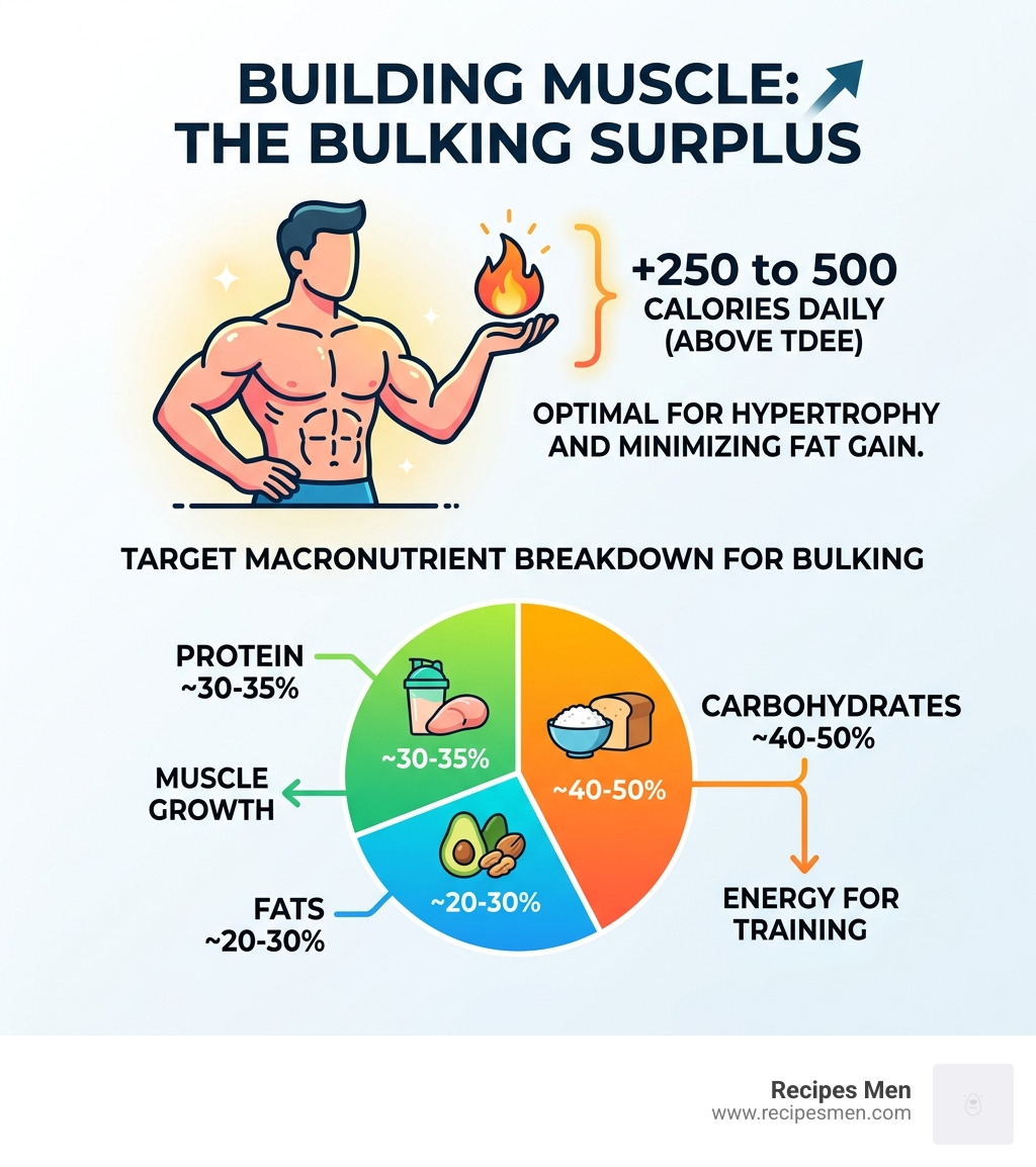 Infographic showing 250-500 calorie surplus for muscle gain with macro breakdown for bulking - bulking meal prep ideas
