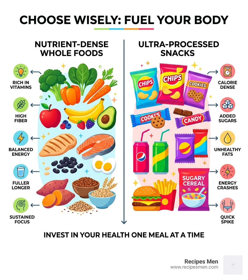 Comparison of nutrient-dense whole foods vs ultra-processed snacks - 30 day diet and workout plan infographic 