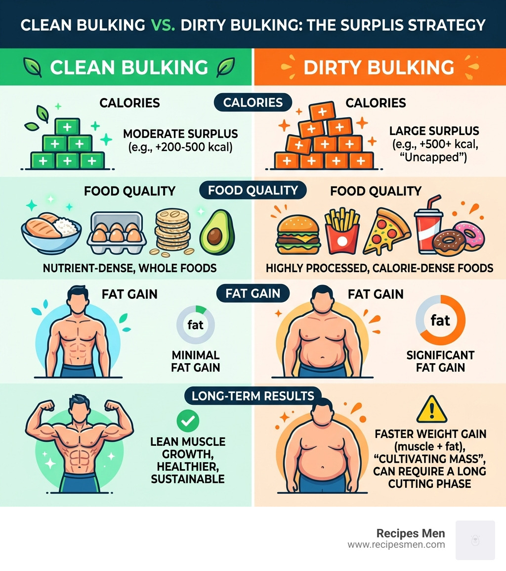 Infographic comparing clean bulking vs dirty bulking: calories, food quality, fat gain, and long-term results - budget