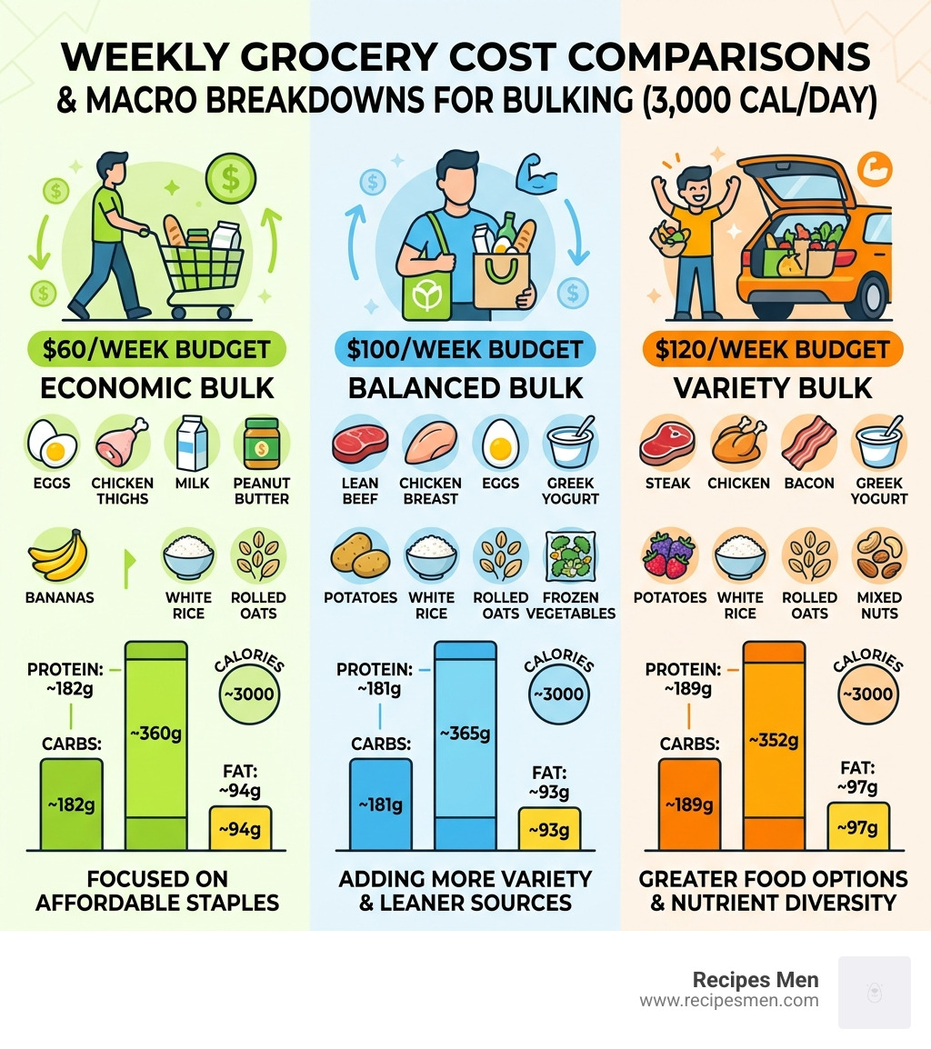 Infographic showing grocery cost comparisons for different weekly budgets and their macro breakdowns - budget friendly