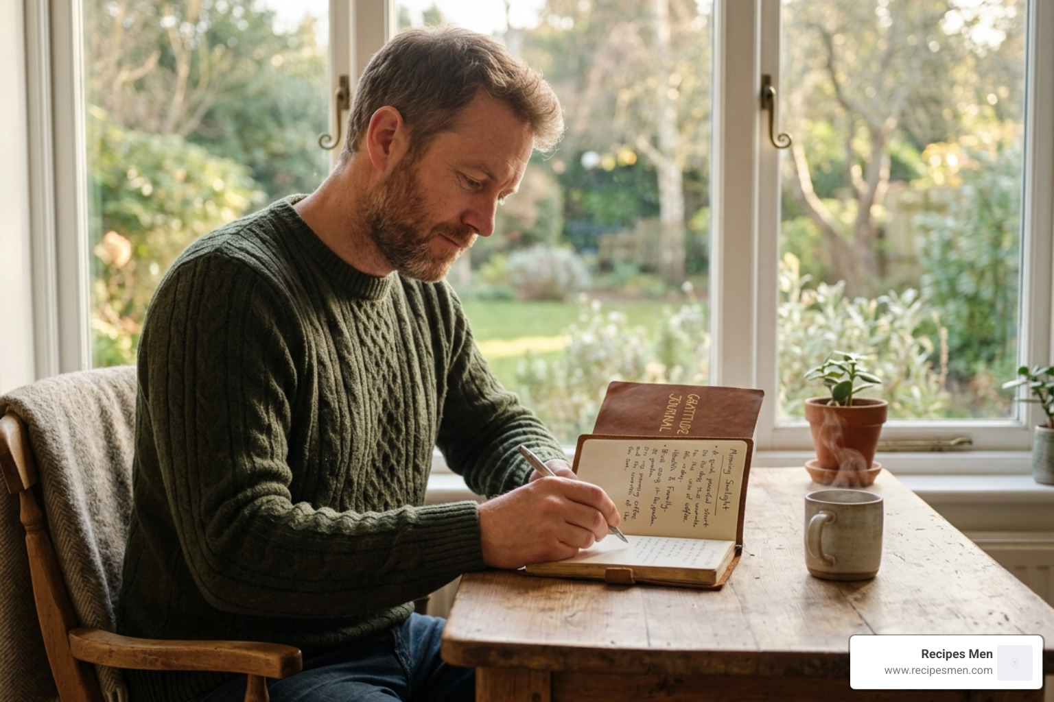 A man writing in a gratitude journal during a quiet morning - ways to stay mentally healthy
