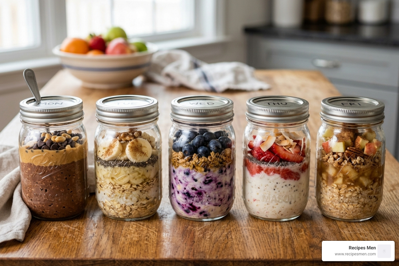 Five mason jars with different oat toppings lined up for the work week - overnight oats for bulking