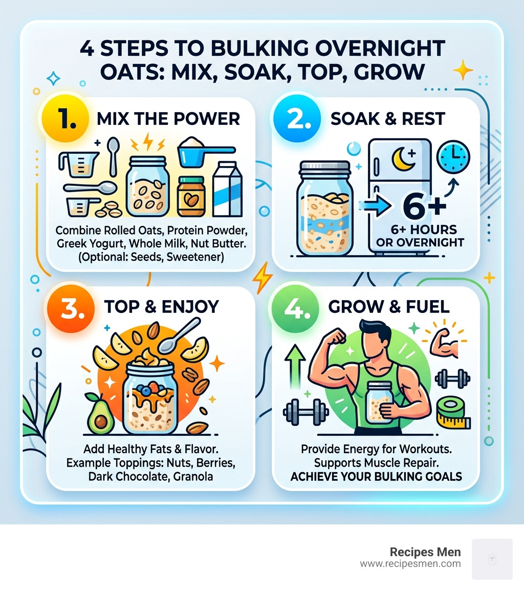 4-step Mix Soak Top Grow process for bulking overnight oats infographic - overnight oats for bulking infographic 