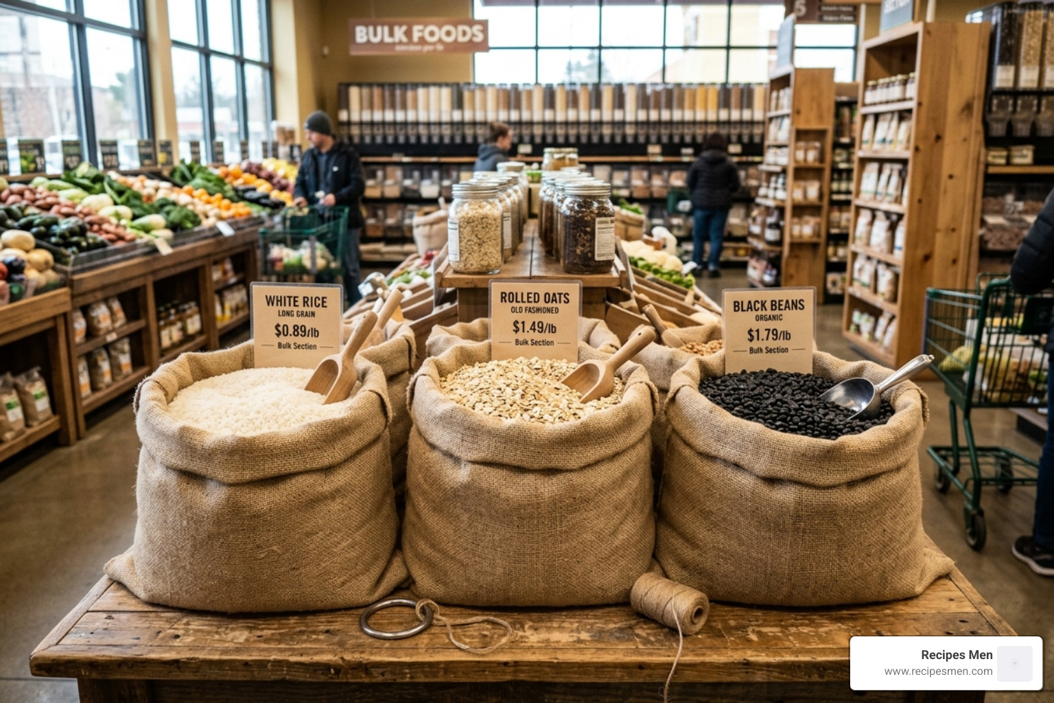 Bulk bags of white rice, rolled oats, and dry black beans on a wooden table - budget friendly bulking meals