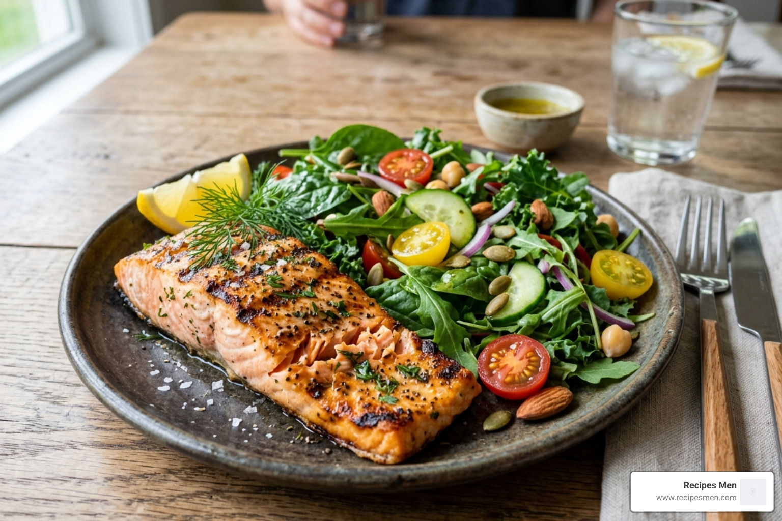 A balanced, protein-rich meal featuring grilled salmon and leafy greens - ways to stay mentally healthy