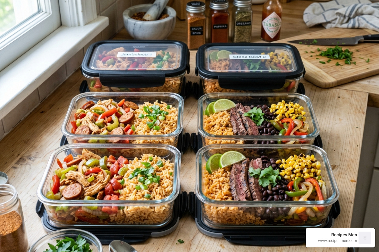 prepped chicken jambalaya and steak bowls - bulking meal prep ideas