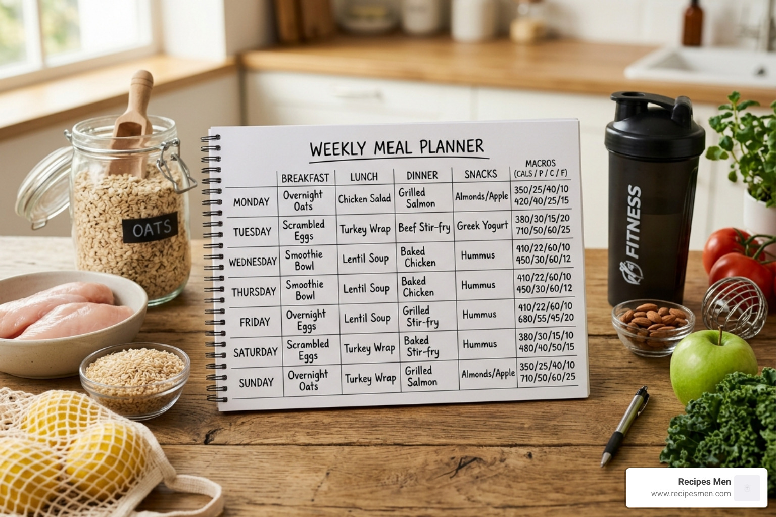 weekly meal calendar with macro labels - bulking meal prep ideas