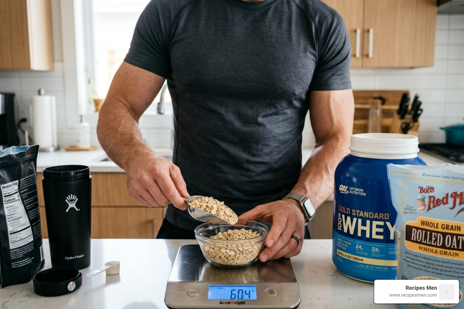 Man weighing oats and protein powder on a digital kitchen scale - overnight oats for bulking