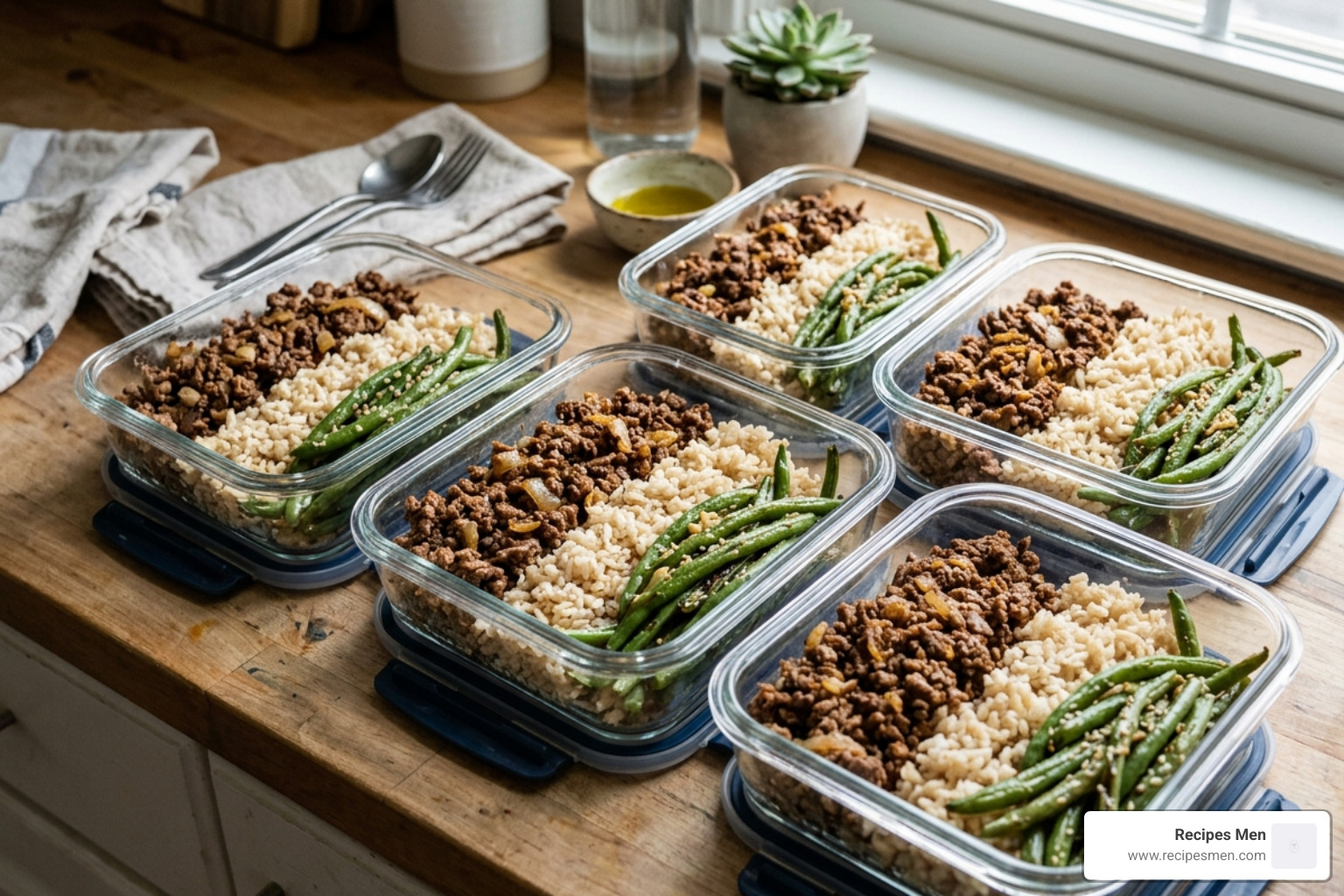 Meal prep containers filled with ground beef, brown rice, and roasted green beans - budget friendly bulking meals
