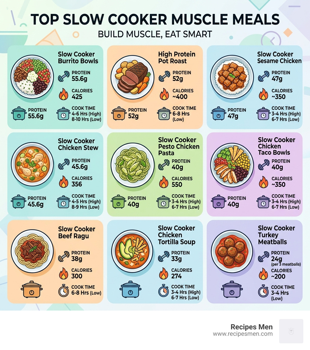 Infographic showing top slow cooker muscle meals with protein content, calories, and cook time per recipe - slow cooker