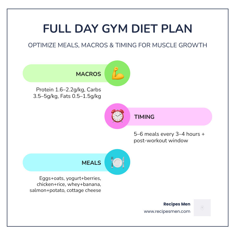 Full day gym diet plan infographic showing meals, macros, and timing for muscle growth - full day diet plan for gym