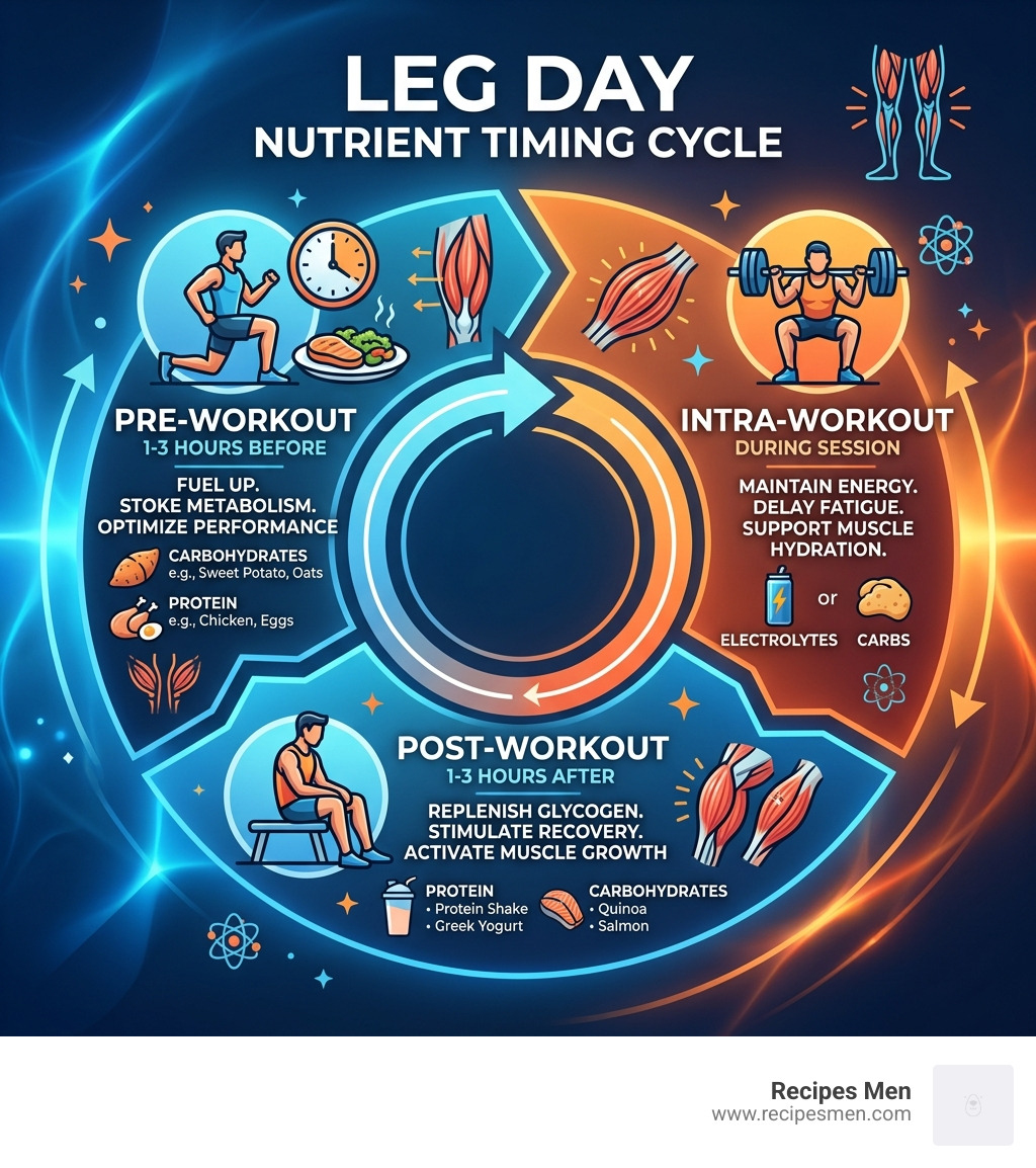 Leg day nutrient timing cycle infographic showing pre-workout, intra-workout, and post-workout nutrition windows - leg day