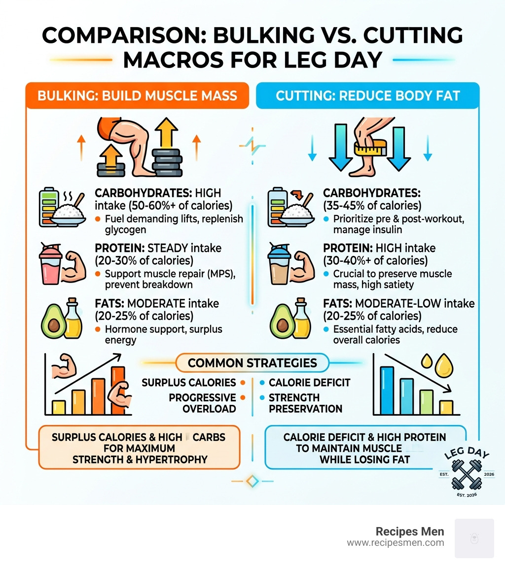 Table comparing macros for bulking vs. cutting during leg day cycles - leg day meal prep infographic 