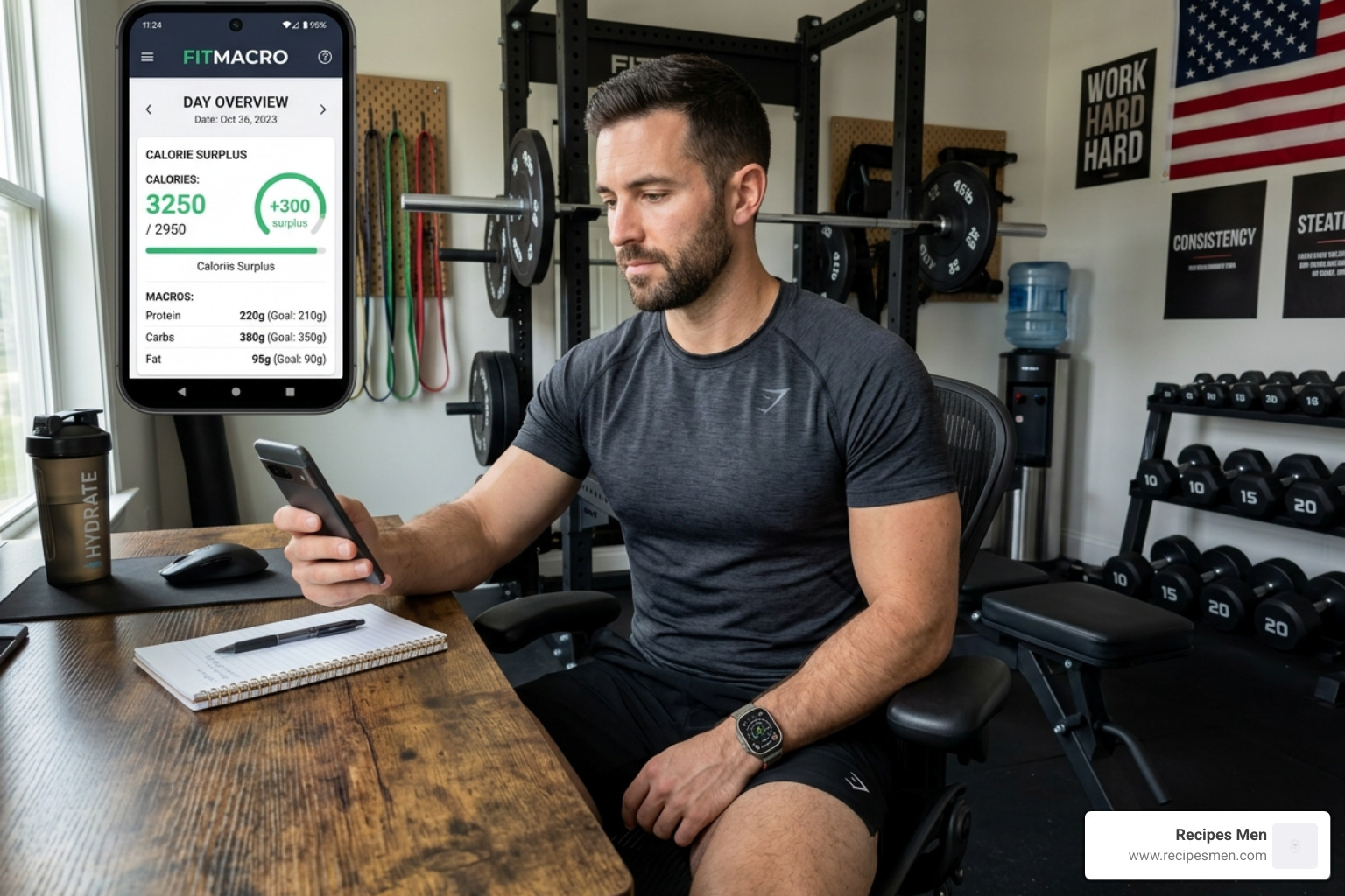 Man tracking macros on a smartphone to ensure calorie surplus - full day diet plan for gym