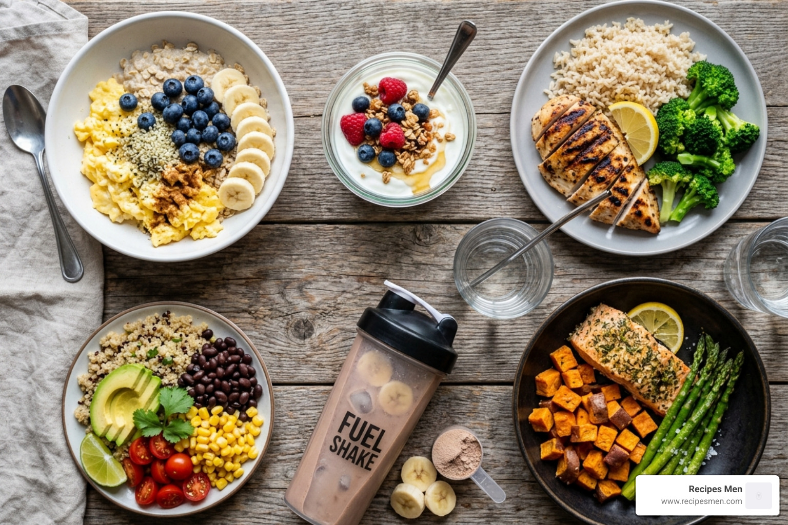 A colorful 6-meal daily spread featuring whole foods - full day diet plan for gym