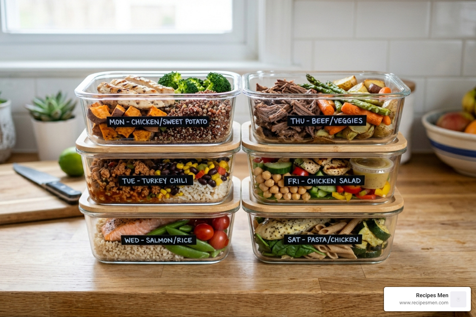 Stacked meal prep containers filled with colorful, high-protein meals - leg day meal prep