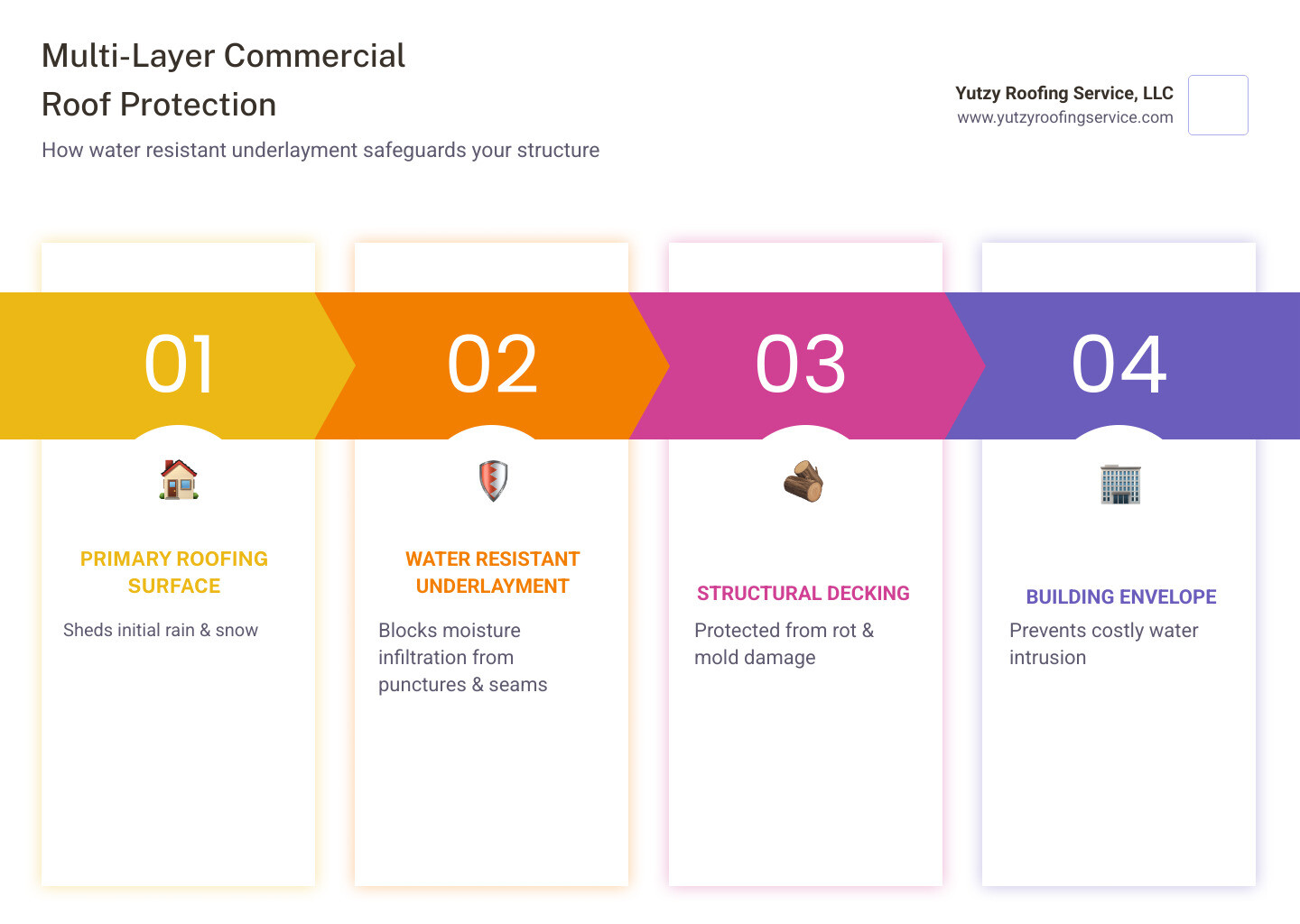 Infographic showing multi-layer commercial roof protection system with underlayment moisture barrier details - water Infographic showing multi-layer commercial roof protection system with underlayment moisture barrier details - water
