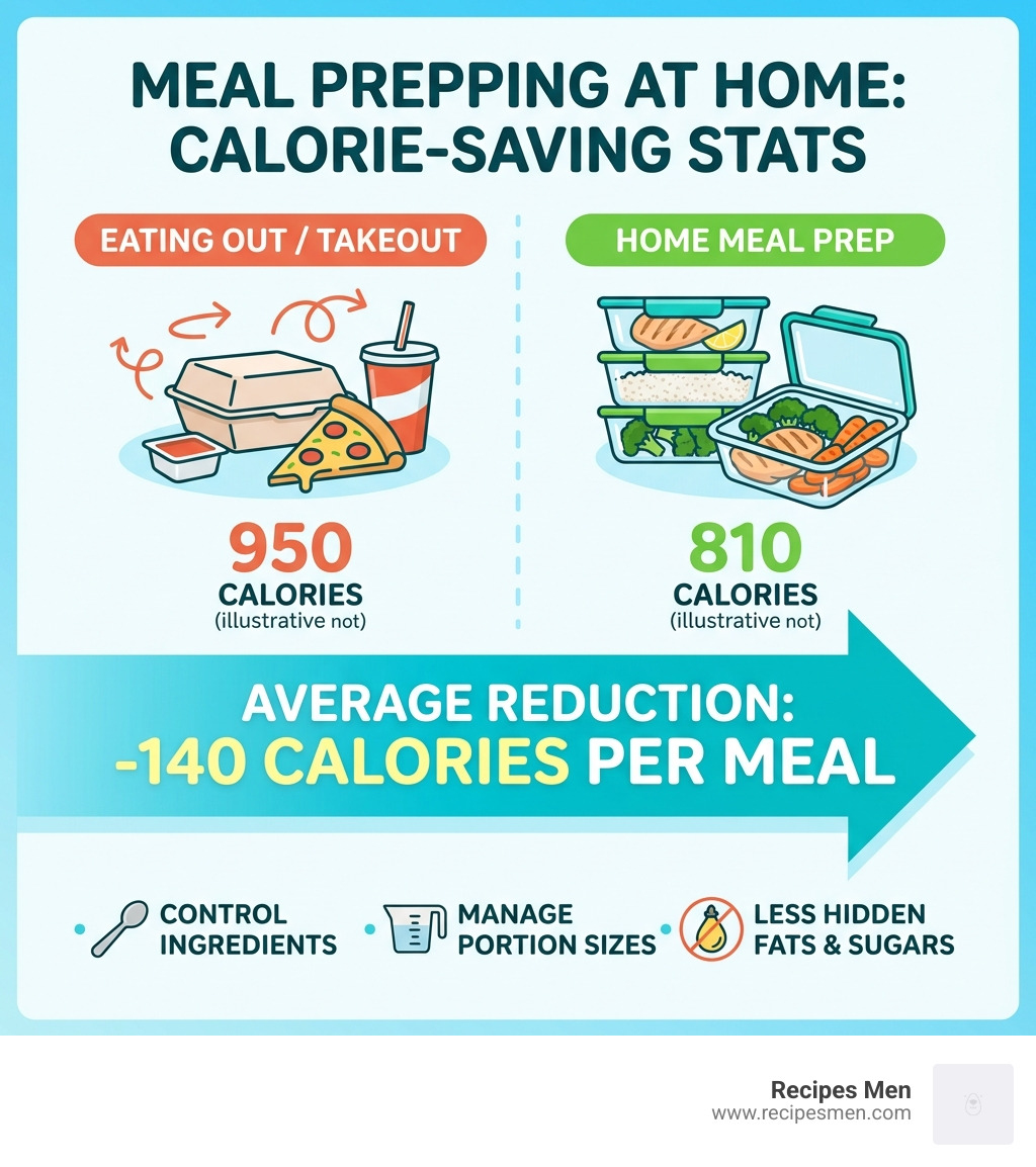 Stats showing that meal prepping at home can reduce calorie intake by an average of 140 calories per meal - simple weight