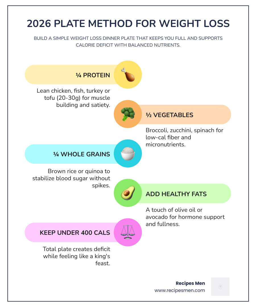 Infographic showing the plate method for simple weight loss dinners with protein, vegetables, grains, and healthy fats