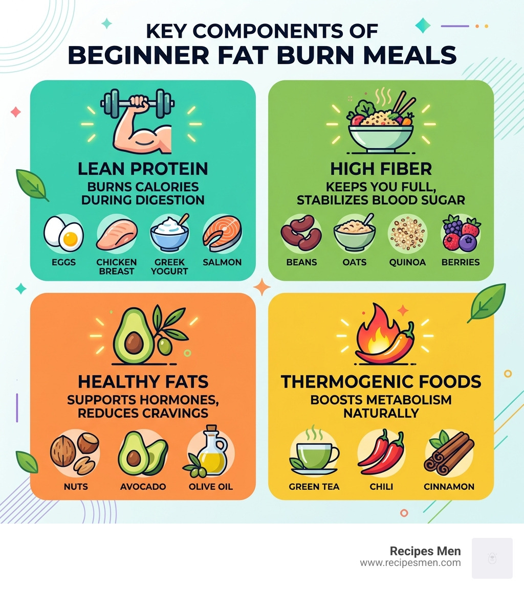 Key components of beginner fat burn meals: protein, fiber, healthy fats, and thermogenic foods - beginner fat burn meals