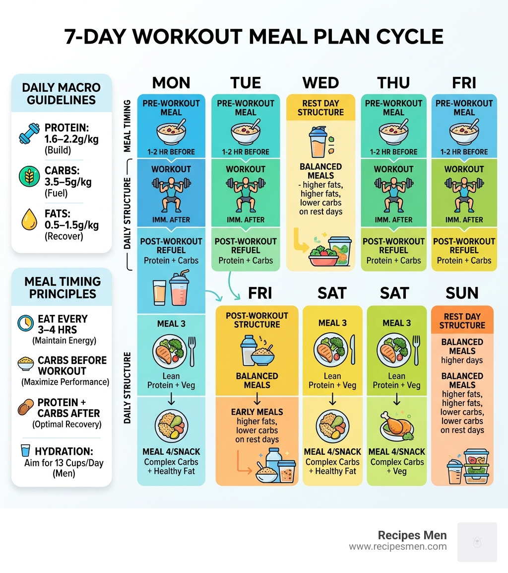 Infographic of 7-day workout meal plan cycle with macros, meal timing, and daily structure - 7 day workout meal plan