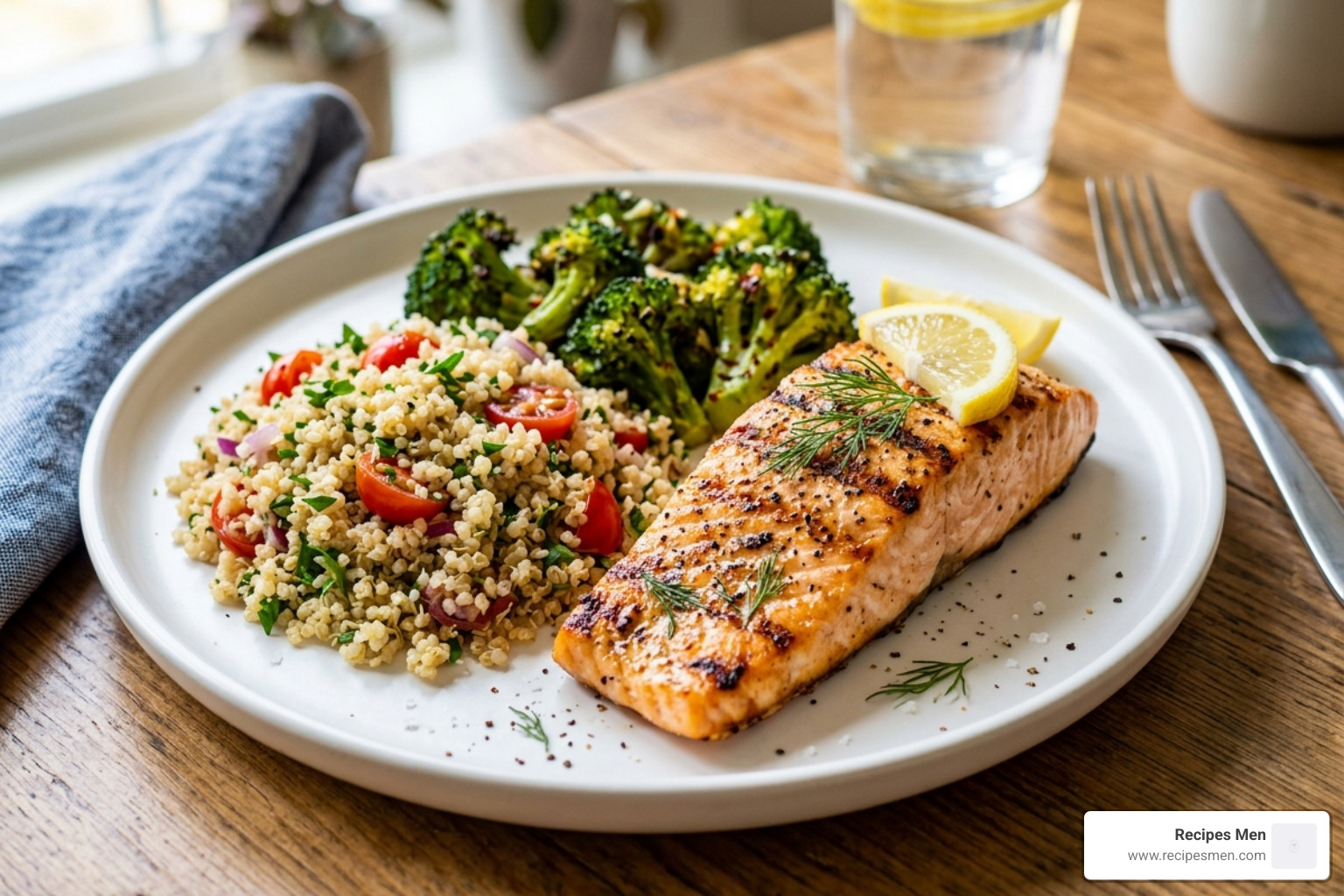 A balanced athlete's plate with salmon, quinoa, and roasted broccoli - 7 day workout meal plan