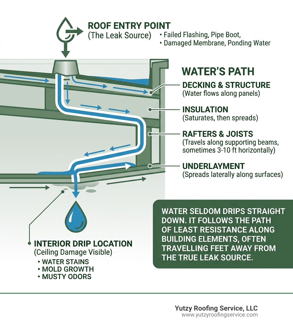 infographic showing how water travels from roof entry point to interior ceiling drip location - best way to find a roof leak infographic showing how water travels from roof entry point to interior ceiling drip location - best way to find a roof leak