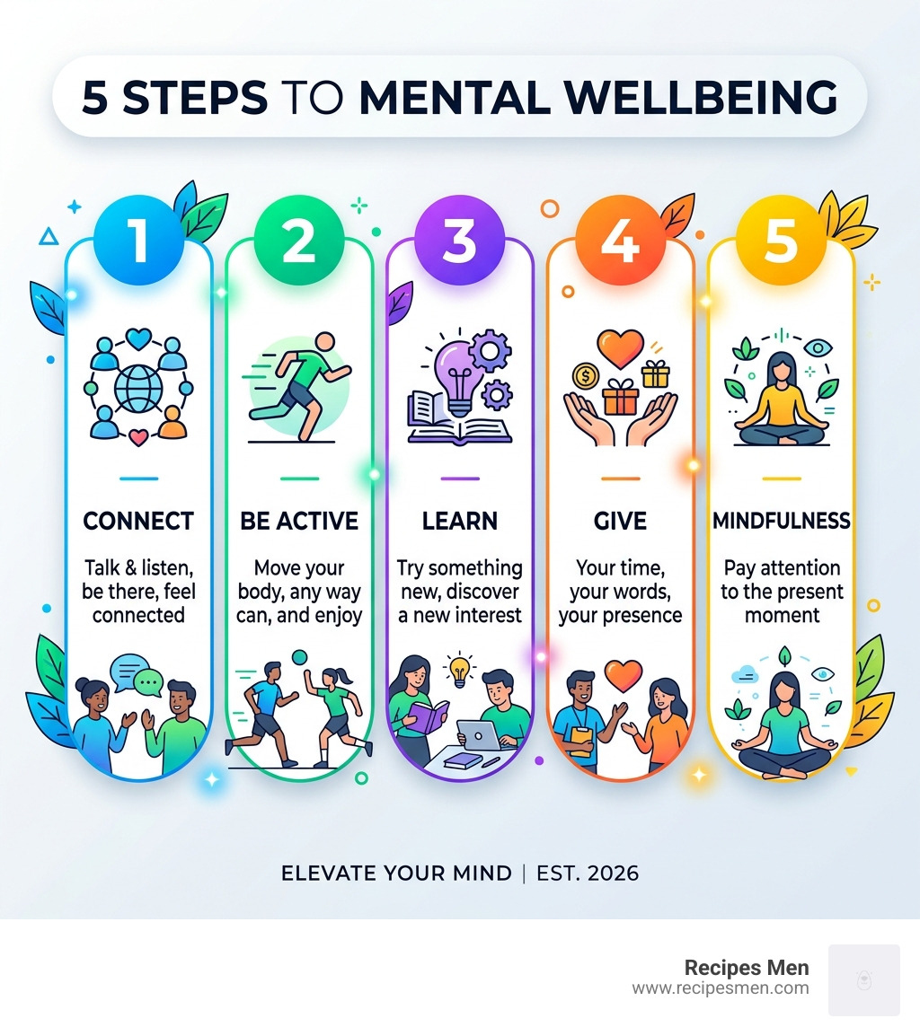 5 steps to mental wellbeing infographic with icons for connect, be active, learn, give, and mindfulness - top tips to