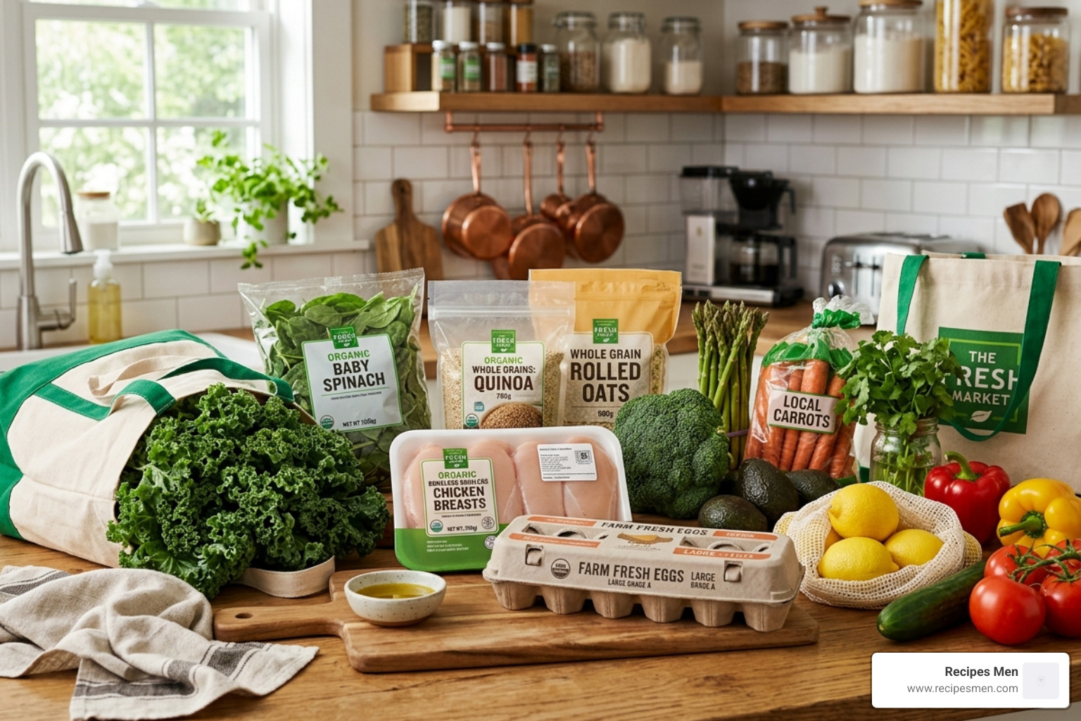 A fresh grocery haul with chicken, greens, eggs, and grains - 7 day workout meal plan