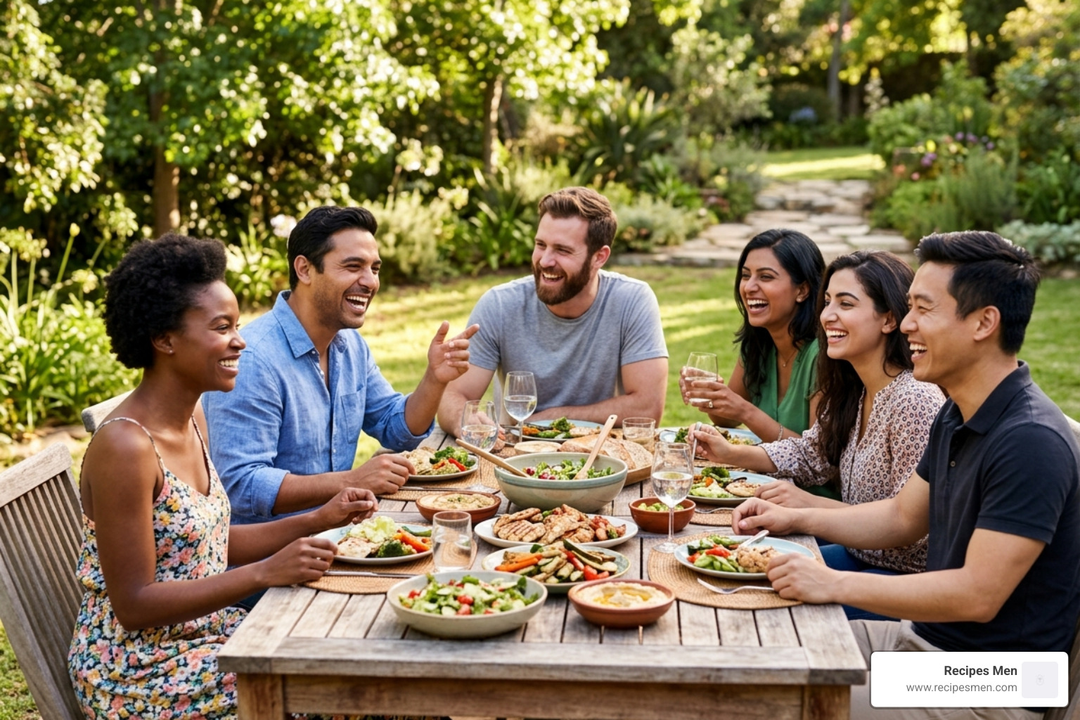friends connecting and laughing over a healthy meal - top tips to improve mental health