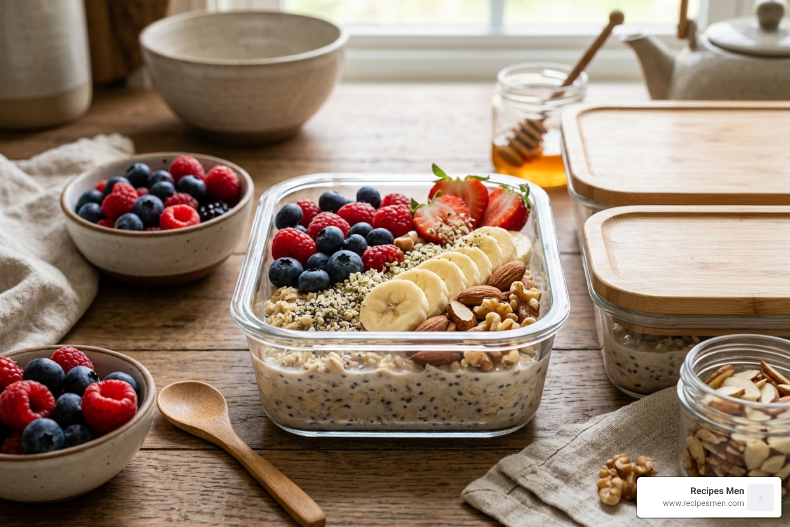 a healthy breakfast meal prep with oats, fruit, and nuts - top tips to improve mental health