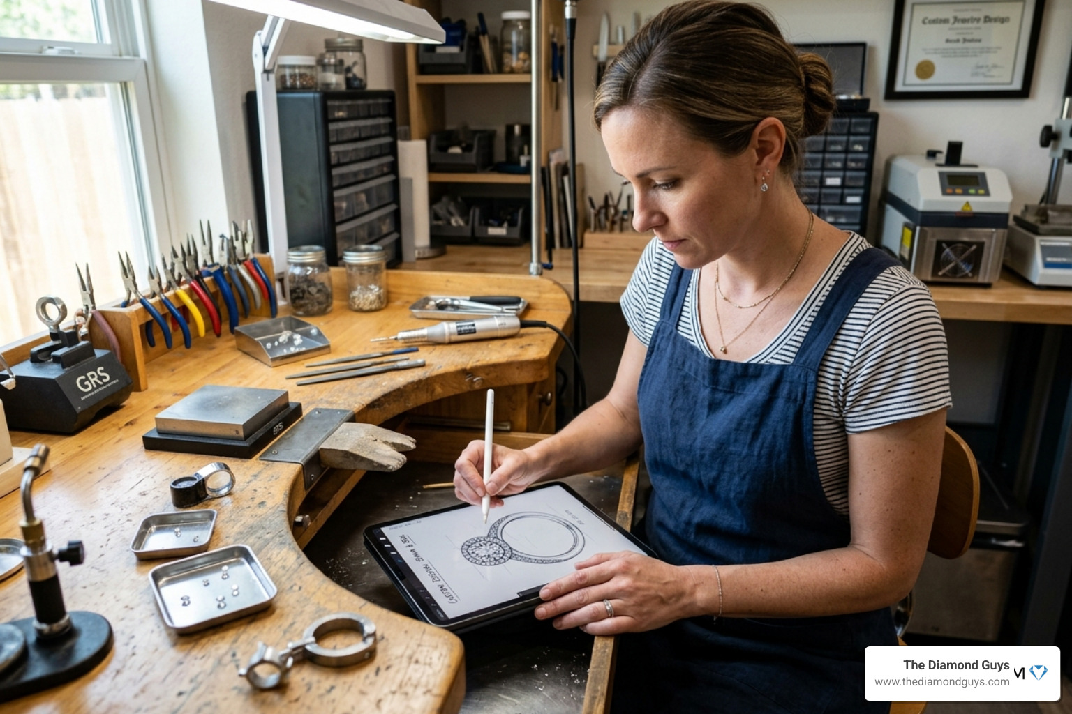 A jeweler sketching a custom ring design on a tablet - custom engagement rings Phoenix