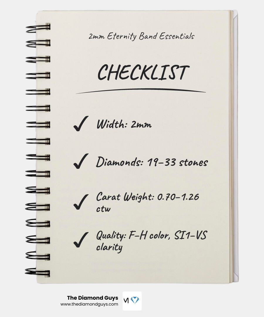 Infographic showing eternity band anatomy, diamond types, metal options, price ranges, and sizing tips - 2mm eternity