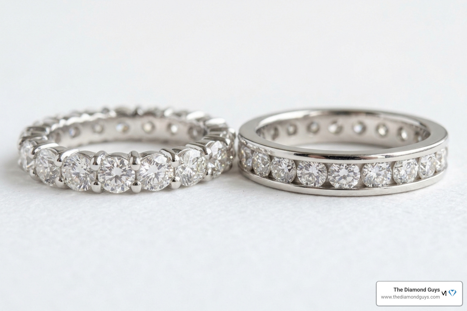 Comparison of shared prong vs channel set eternity bands - 2mm eternity diamond band