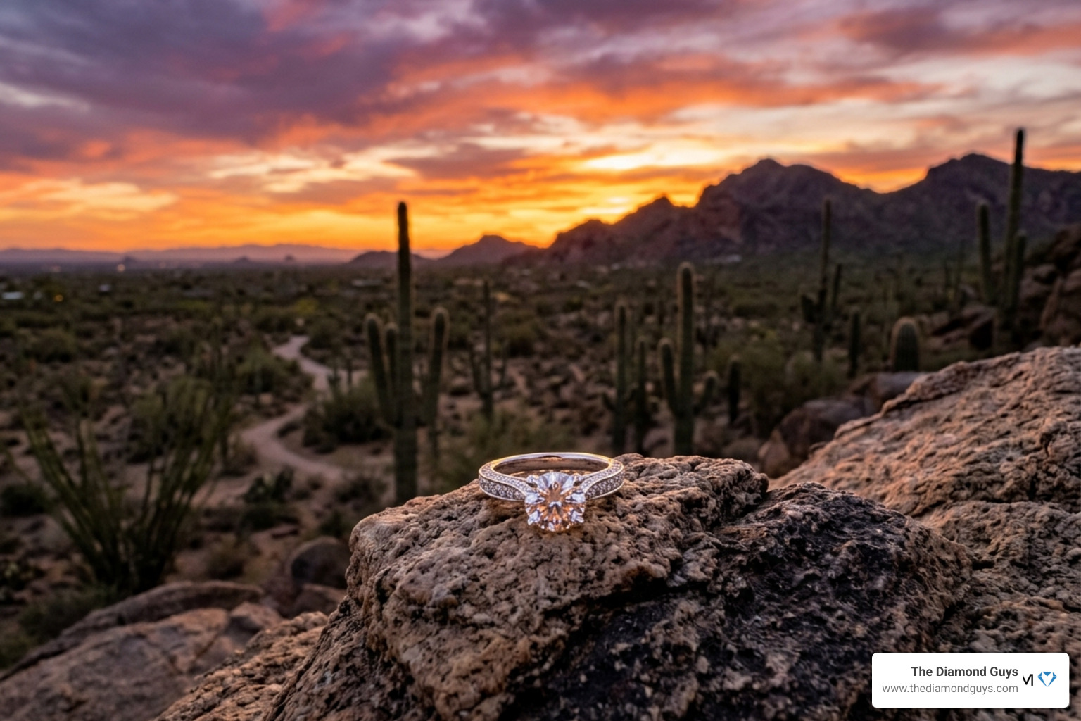 luxury diamond engagement ring overlooking a Phoenix desert sunset - engagement rings Phoenix area luxury diamond engagement ring overlooking a Phoenix desert sunset - engagement rings Phoenix area