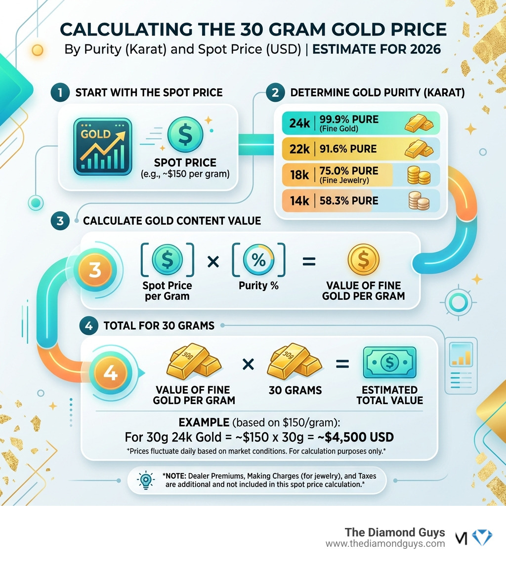 Infographic showing how to calculate 30 gram gold price by purity karat and spot price - 30 gram gold price infographic 