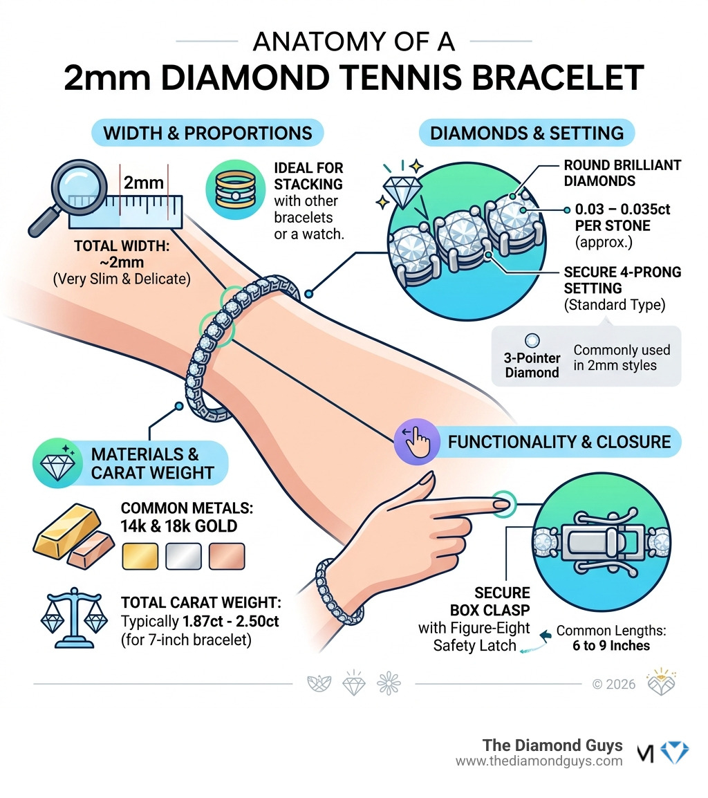 Anatomy and scale infographic of a 2mm diamond tennis bracelet with key specs labeled - 2mm diamond tennis bracelet