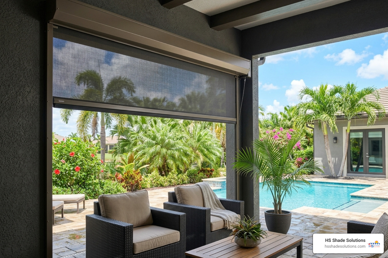Sleek motorized shade headbox installed on a Florida lanai - electric outdoor shades