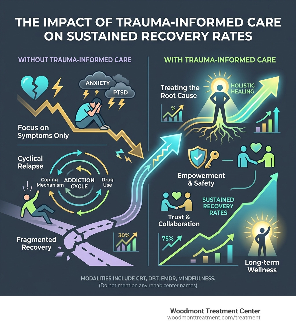 Infographic showing the impact of trauma-informed care on sustained recovery rates - rehab centers new jersey infographic 