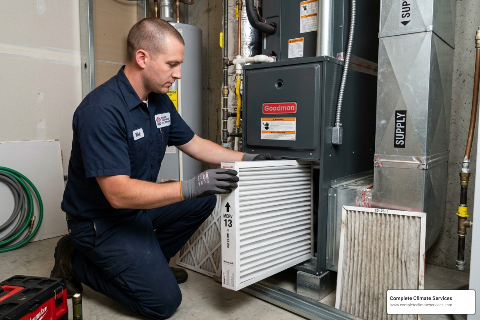 A clean, high-efficiency MERV 13 air filter being installed into a residential HVAC unit - indoor air quality services A clean, high-efficiency MERV 13 air filter being installed into a residential HVAC unit - indoor air quality services