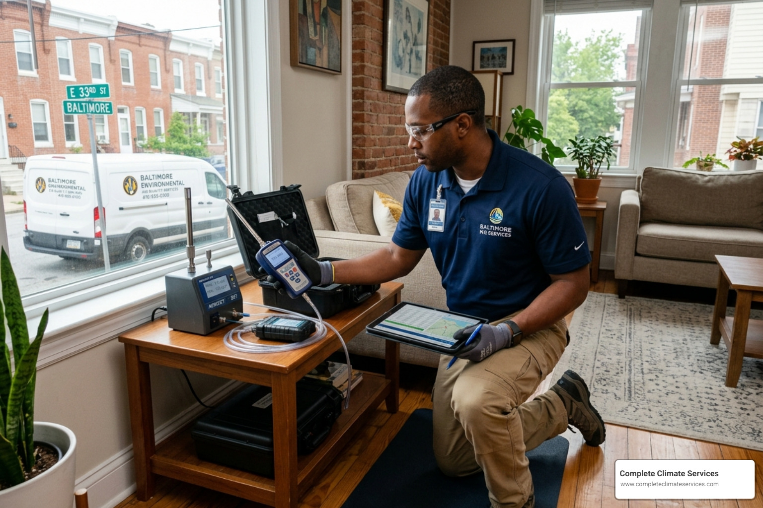 Technician in Baltimore using digital air monitoring equipment to check for VOCs and particulates - indoor air quality Technician in Baltimore using digital air monitoring equipment to check for VOCs and particulates - indoor air quality