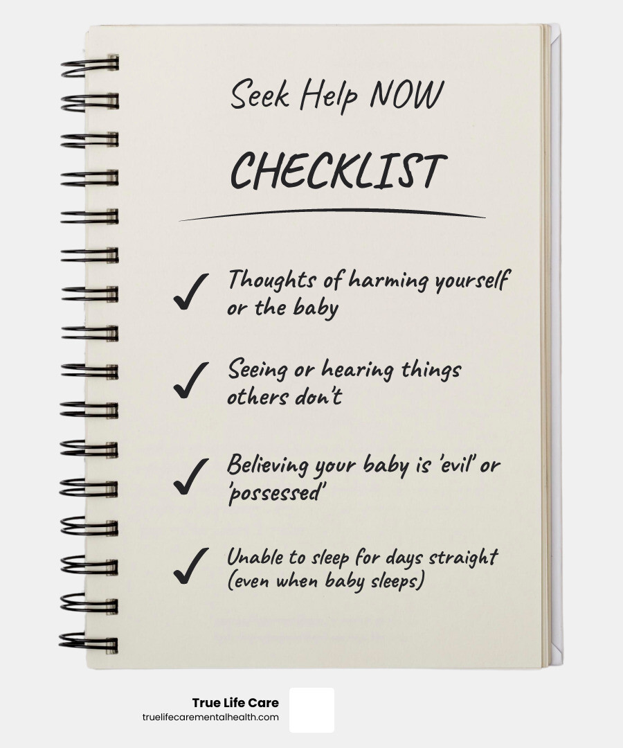 Infographic on when to seek immediate emergency help for postpartum symptoms - Postpartum depression therapy NJ infographic