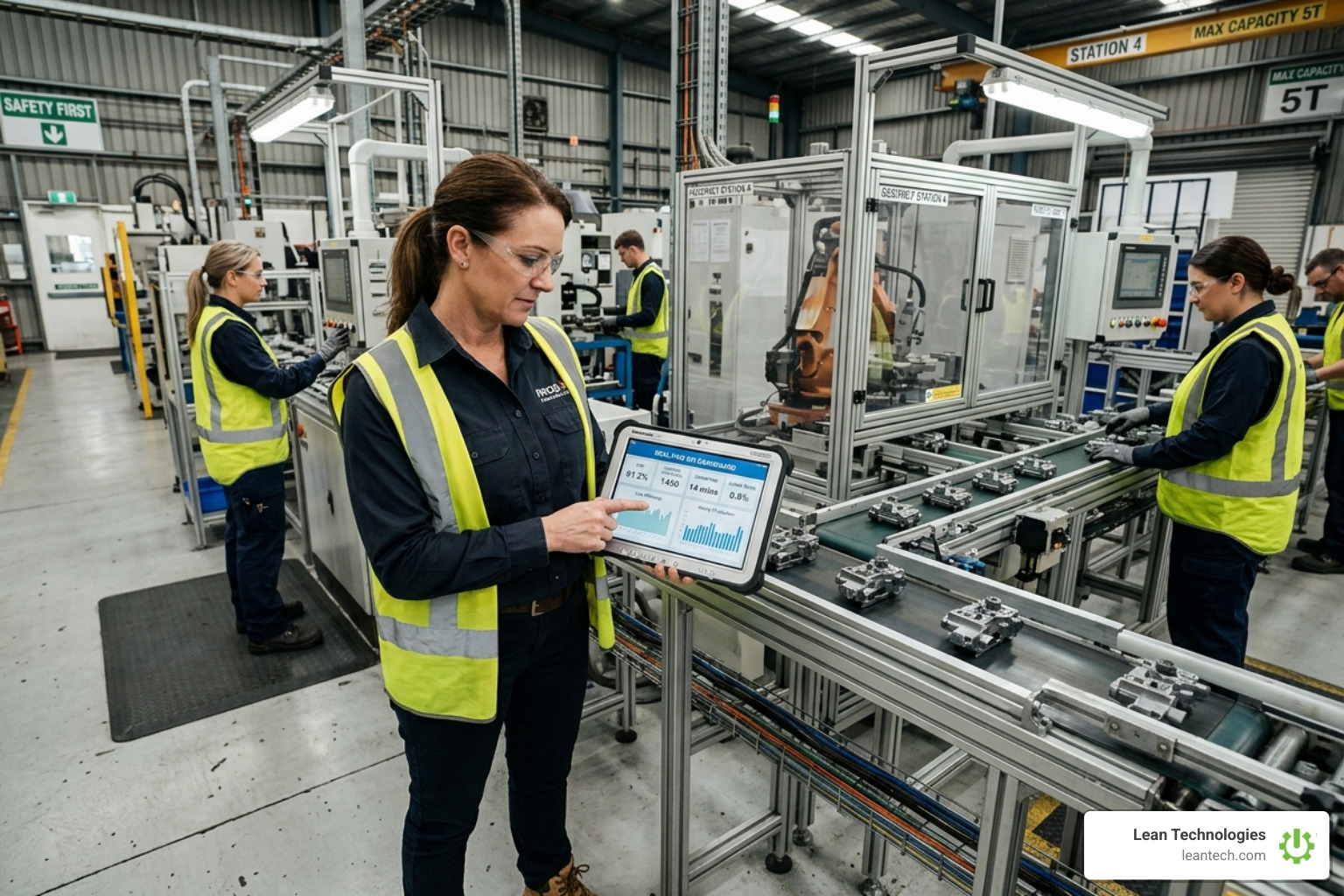 Plant manager reviewing real-time KPIs on a mobile device while standing next to a production line - digital lean management Plant manager reviewing real-time KPIs on a mobile device while standing next to a production line - digital lean management
