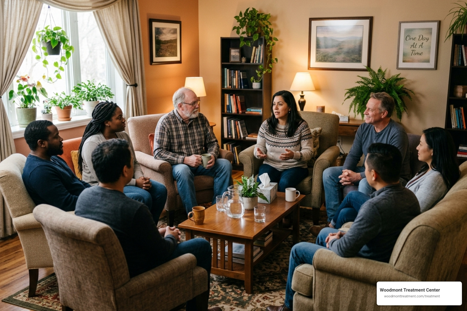 A supportive group therapy session in a warm, comfortable room with soft lighting - affordable rehab new jersey