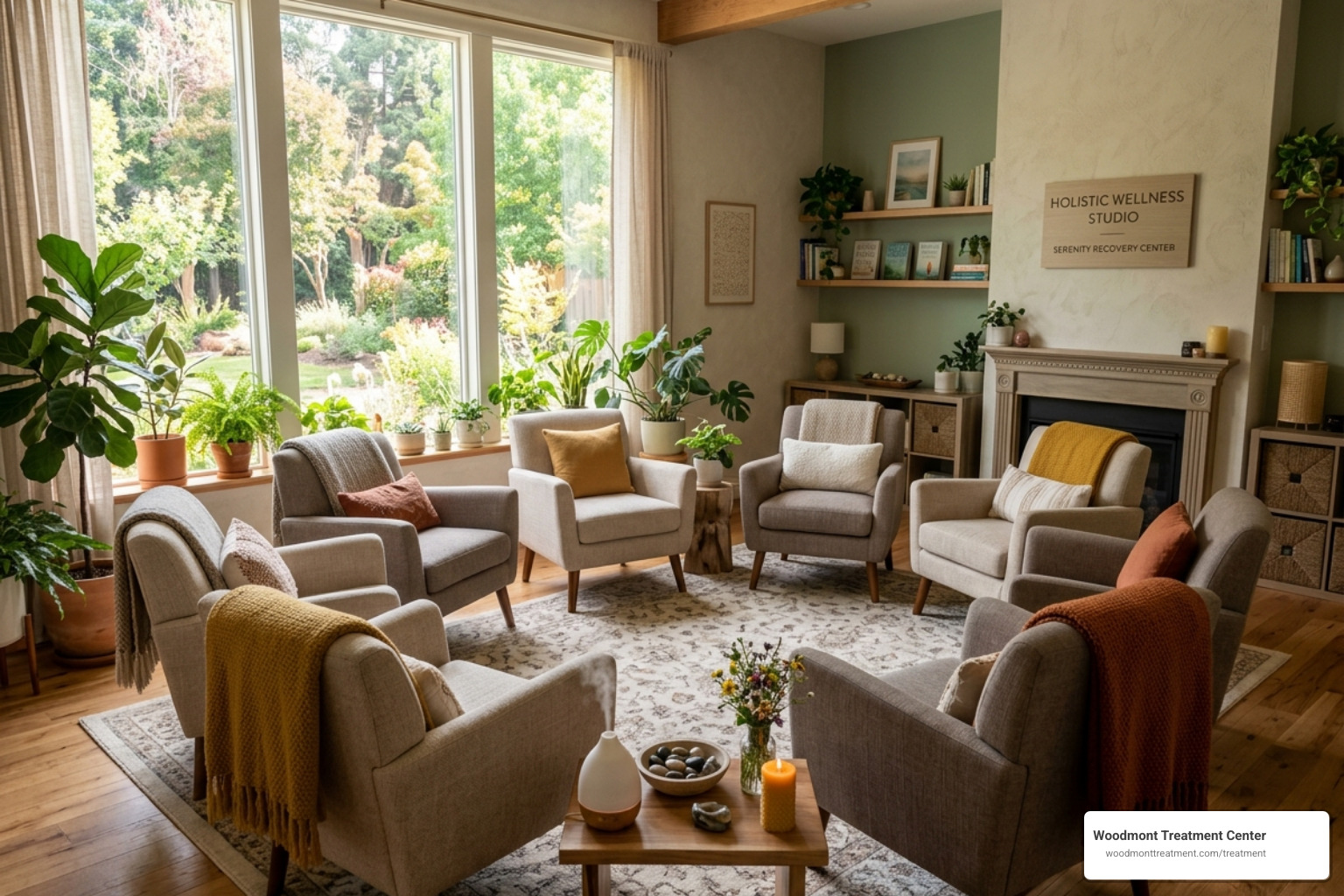 A modern, warm holistic therapy room with comfortable chairs and natural light - affordable rehab new jersey