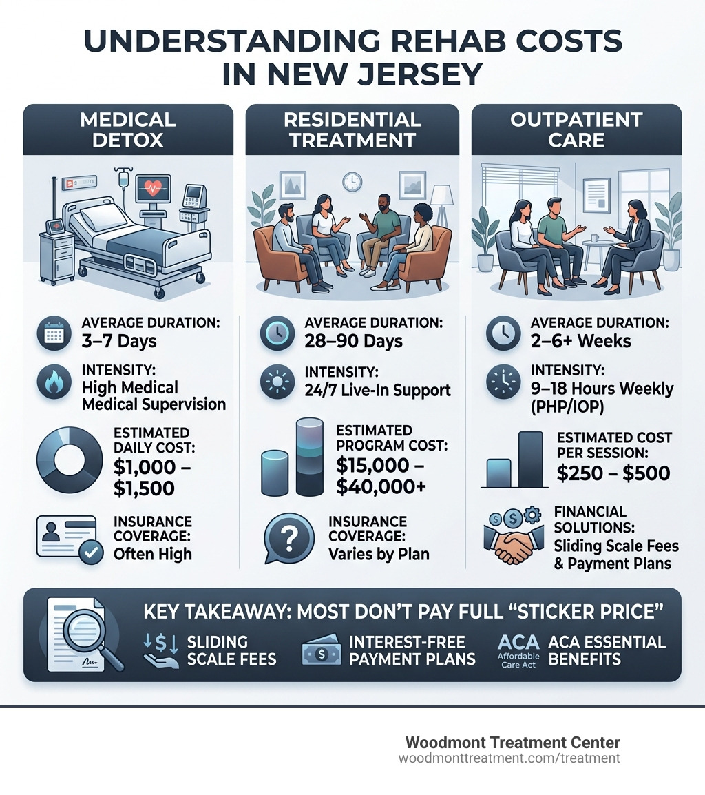 Infographic comparing average costs of detox, residential, and outpatient care in NJ - affordable rehab new jersey