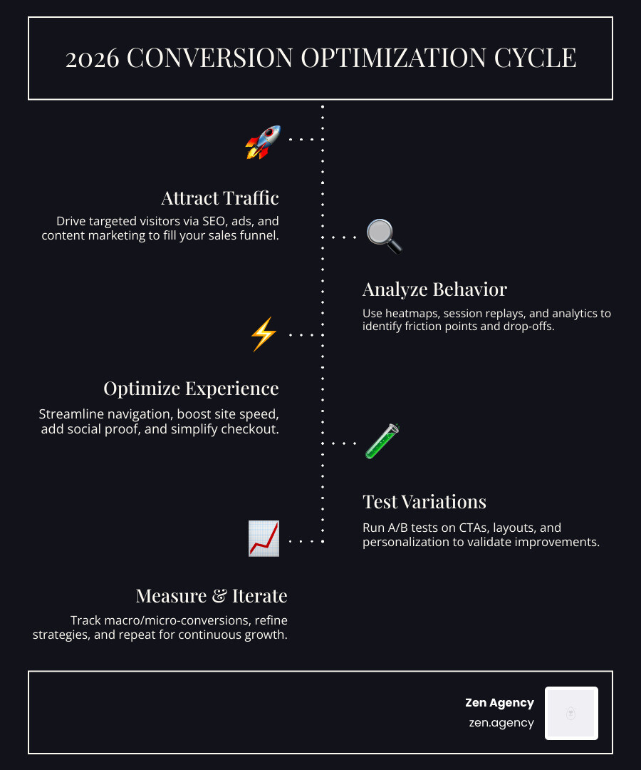 2026 conversion optimization cycle infographic showing key steps from traffic to testing - increase conversion rate 2026 conversion optimization cycle infographic showing key steps from traffic to testing - increase conversion rate