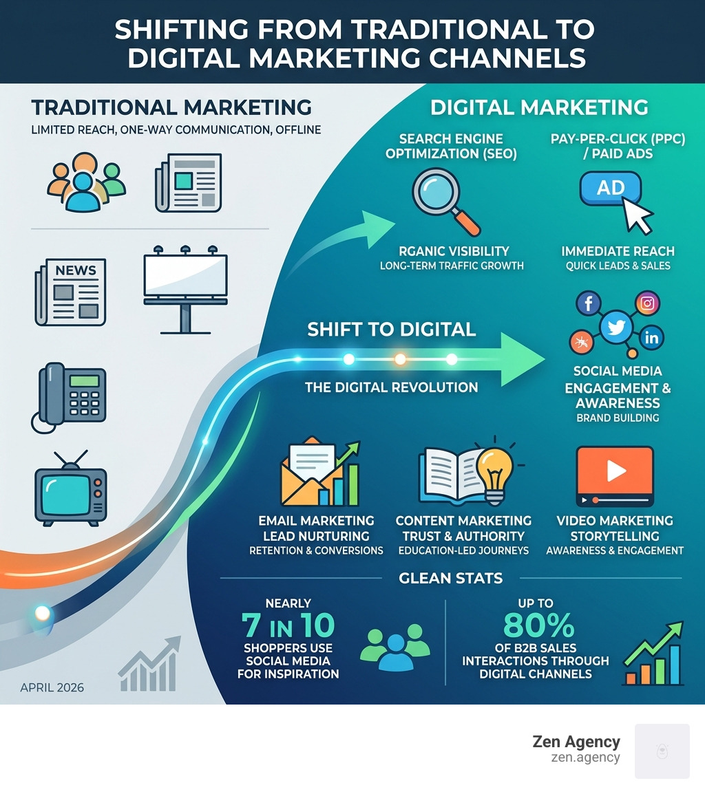 Infographic showing shift from traditional to digital marketing channels with key stats and channel types - digital channel Infographic showing shift from traditional to digital marketing channels with key stats and channel types - digital channel