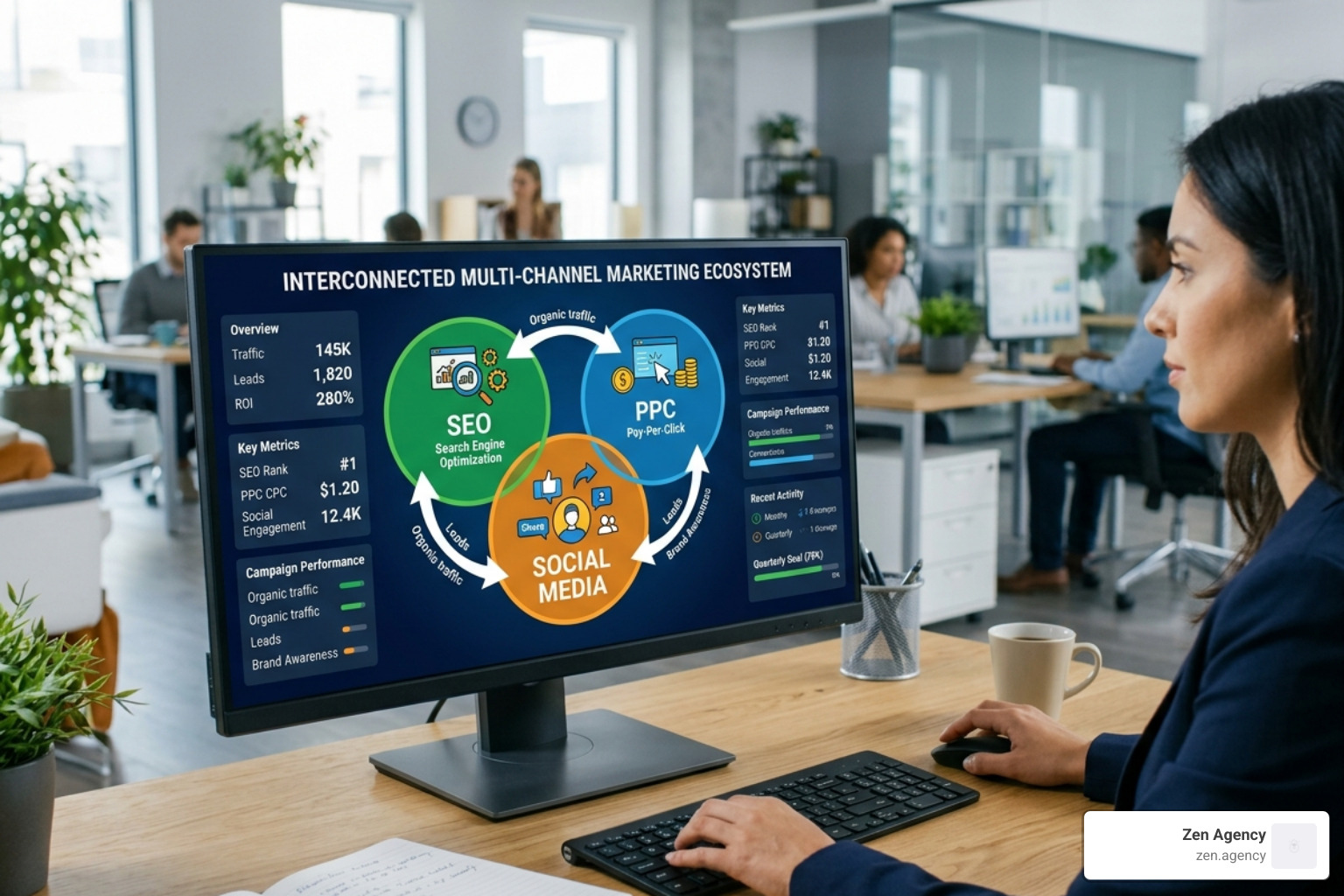 Interconnected multi-channel marketing ecosystem showing how SEO, PPC, and Social overlap - digital channel marketing Interconnected multi-channel marketing ecosystem showing how SEO, PPC, and Social overlap - digital channel marketing