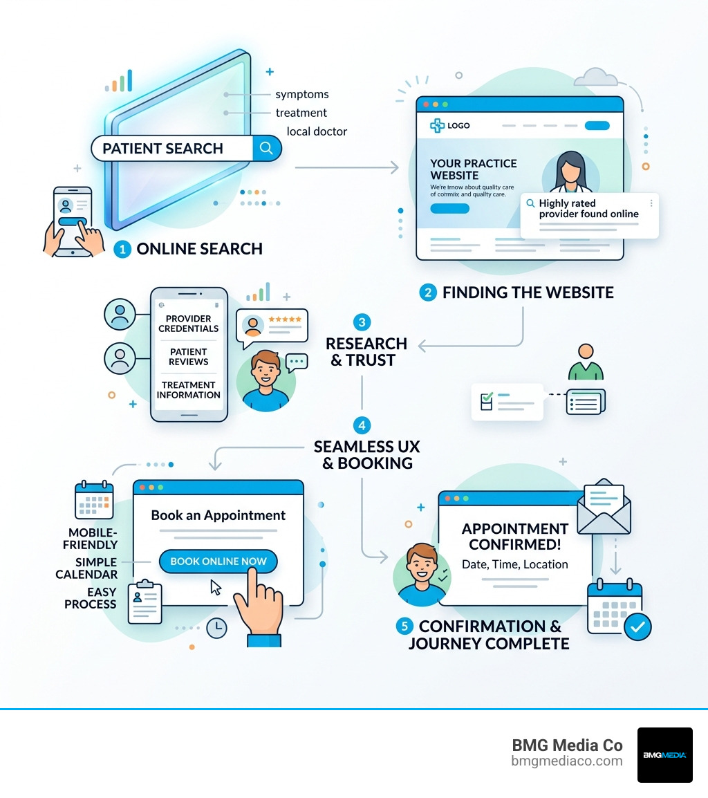 Infographic showing the digital patient journey from online search to booked appointment - health website design infographic 